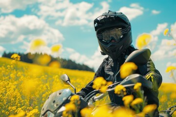 Wall Mural - Riding a motorcycle off road in the countryside near yellow flowers