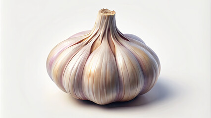 A whole garlic bulb showcases its natural layers and textures on a neutral background