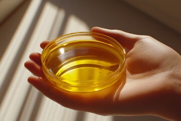 Sticker - Close up of a scientists hand holding a Petri dish containing golden liquid symbolizing advanced biochemistry research molecular innovation and the study of organic compounds