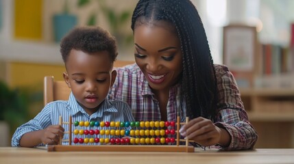 Poster - Black female teacher and little boy sitting at desk doing math using abacus early education concept : Generative AI