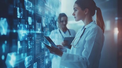 Aufkleber - Doctor teamwork and technology on wall background for research planning and multimedia workflow Healthcare worker group and nurse in portrait with laptop tablet and phone for contact o : Generative AI
