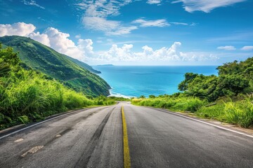 Road and mountain with sea landscape under sky