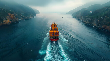 Aerial View of Cargo Ship Sailing Through a Narrow Channel Between Two Cliffs