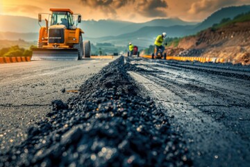 Road construction workers and machinery at new asphalt pavement site on highway