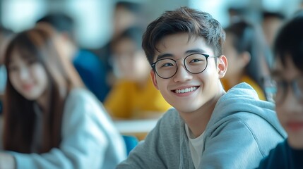 Aufkleber - university classroom diverse group of young students Asian collaborate study together sharing smiles and insights around desks exemplifying the joy of learning and friendship in higher : Generative AI