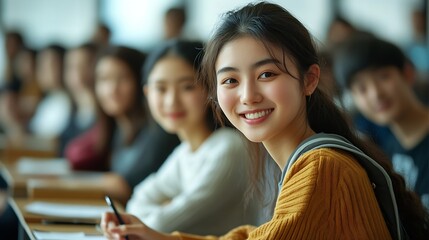 Aufkleber - university classroom diverse group of young students Asian collaborate study together sharing smiles and insights around desks exemplifying the joy of learning and friendship in higher : Generative AI