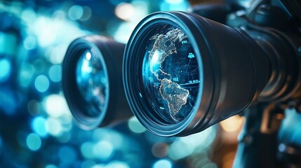 Poster - Forecast Future World Economy Man Binoculars Watch the World Telescope Performance Representation Analyze Binoculars Advice Development Discovery Education Searching Sphere Strategy : Generative AI