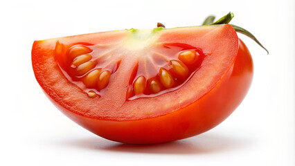 Wall Mural - A fresh tomato slice reveals its bright red color and juicy seeds on a simple white surface