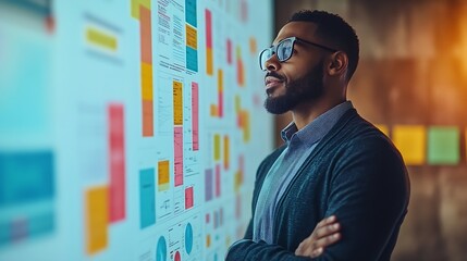 Fototapete - Man chart and mentor in meeting for strategy brainstorming and talking in office presentation Male person planning and leader teaching in workshop speaking and support in staff trainin : Generative AI