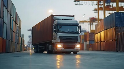 Poster - Container truck in ship port for business Logistics and transportation of Container Cargo ship and Cargo plane logistic import export and transport concept : Generative AI