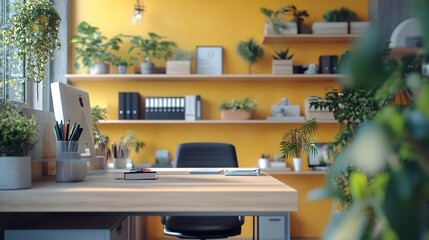 Poster - Interior of light office with modern workplaces and shelf units : Generative AI