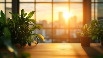 Aufkleber - Blur background of office interior with large windows with city urban view plants and wooden desks at sunset Modern workplace and urban greenery concept Design for poster wallpaper Spa : Generative AI