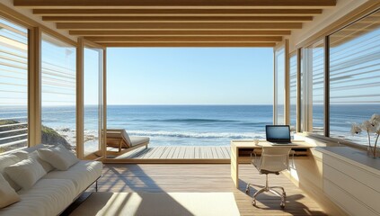 A wooden cabin overlooking the ocean with a couch and