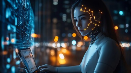 Poster - Education technology and AI Artificial Intelligence concept Women use laptops Learn lessons and online webinars successfully in modern digital learning  Courses to develop new skills : Generative AI