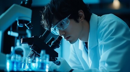 Fototapete - Scientist analyze biochemical samples in advanced scientific laboratory Medical professional use microscope look microbiological developmental of viral Biotechnology research in scienc : Generative AI