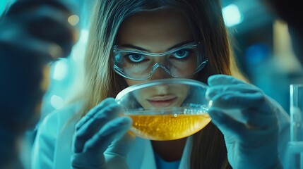 Aufkleber - Science people and training with petri dish in laboratory for medical research experiment and practical exam Girl woman and biochemistry internship and discussion on study and clinical : Generative AI