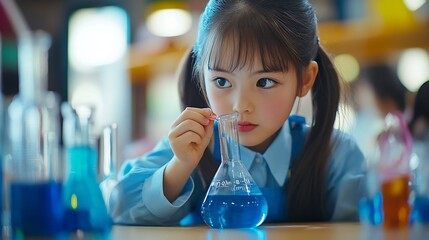 Aufkleber - Girl classroom and science beaker for learning education and test with smart or intelligent child Student in school with chemistry knowledge and pour liquid for experiment and chemical : Generative AI