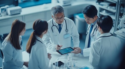 Poster - Doctors group and meeting on tablet for medical planning advice and support in teamwork or hospital solution Healthcare staff people and leader on digital technology and talking of cli : Generative AI