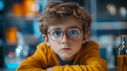 Aufkleber - Portrait science and writing with boy student in laboratory for education experiment or research Glasses notebook and school with confident child at desk for breakthrough discovery or  : Generative AI