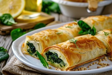 Poster - Rolls and pie with spinach cheese on white plate Turkish rulo borek and Greek pastry with lemonade