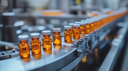 Poster - Advanced Bright Modern Pharmaceutical Factory Medical Ampoule Production Line Rows of Glass Vials with Orange Caps on Conveyor Belt Vaccine Production Facility Medication Manufacturing : Generative AI