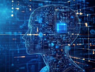 Futuristic digital human profile with intricate circuit design representing advanced technology and artificial intelligence.