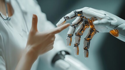 Fototapete - Medical Ai Hands of robot and human touching on medical data network connection AI robot for diagnosis increasing accuracy patient treatment in future technology to improve patient hea : Generative AI
