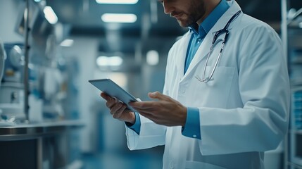Fototapete - Man doctor and tablet in research medical or Telehealth for communication or networking at hospital Closeup of male person or healthcare surgeon on technology for social media or onlin : Generative AI
