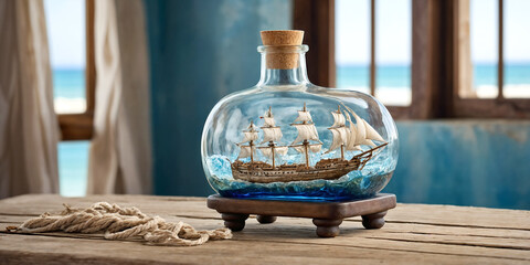 Wall Mural - nautical concept with sail boat in the bottle over wooden table indoors and sea landscape background from the window