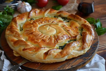 Canvas Print - Round pie with cheese and spinach