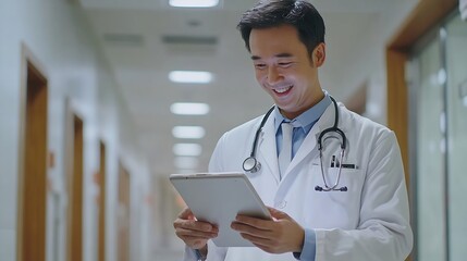 Aufkleber - Walking tablet or doctor in hospital with research on social media to search for medicine info online Asian man reading smile or medical healthcare nurse browsing on technology for tel : Generative AI