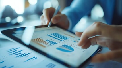 Fototapete - Tablet teamwork and business people in office planning and brainstorming with financial report Group startup and employees with tech connection and broker with online accounting and tr : Generative AI