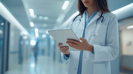Poster - Women doctors and explain on tablet in hospital for patient information appointment and schedule Database medical and healthcare practitioner with technology for telehealth service and : Generative AI
