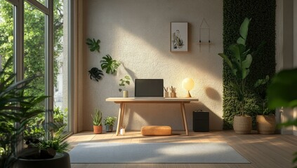 Poster - Minimalist home office with plants and natural light.