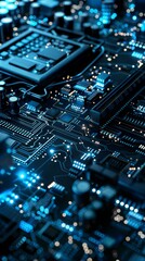 Poster - Close-Up of Blue LED Illuminated Circuit Board with Microprocessor and Electronic Components