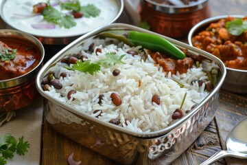 Sticker - Tiffin box with rajma rice chutney and curd on table