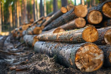 Poster - Timber logs stacked for logging Cut trees ready for transport Logging industry preparing wood removal