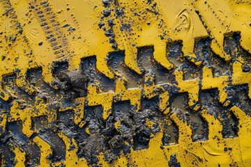 Sticker - Tire marks on wet yellow sand road Top view background design Vertical photo