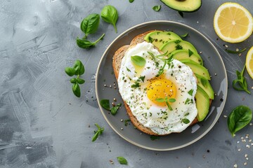 Poster - Toast with poached egg avocado cream cheese rye bread on gray plate View from top Idea of healthy food