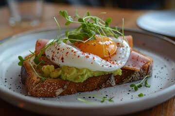 Sticker - Toasted bread with ham egg avocado sauce and microgreens