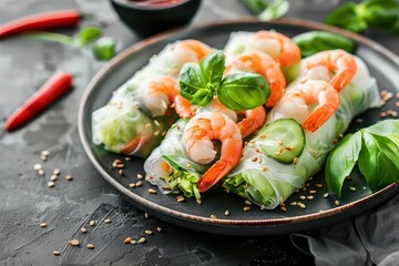 Poster - Top down view of a shrimp and vegetable spring roll on a plate