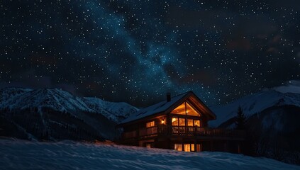 Wall Mural - A cozy cabin illuminated under a starry night.