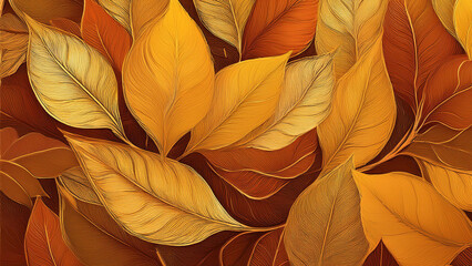 Autumn wallpaper showing a close-up of densely spread gold and orange leaves, creating a uniform, warm texture.