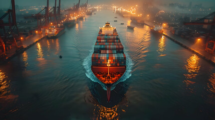 Wall Mural - Cargo Ship Leaving Harbor at Night - Aerial View Photo