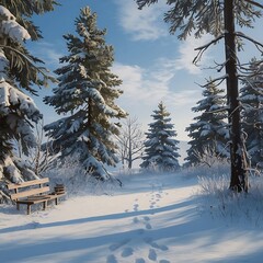 Illustrate a peaceful winter scene with snow-covered pine trees and a clear, sunny sky.