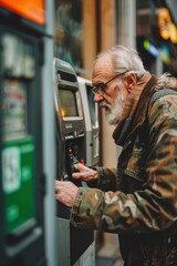 Canvas Print - Thoughtful senior man using a public self-service payment terminal. AI.