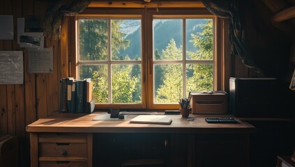 Poster - Wooden desk with window overlooking forest.