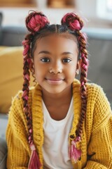 Sticker - Portrait of a young girl with pink and brown hair wearing a yellow sweater. AI.