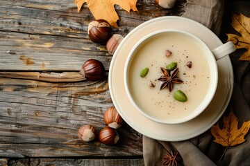 Canvas Print - Top view of chestnut cream soup on wood