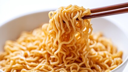 A close-up of cooked noodles being lifted with chopsticks from a bowl, showcasing a light golden color and a smooth texture